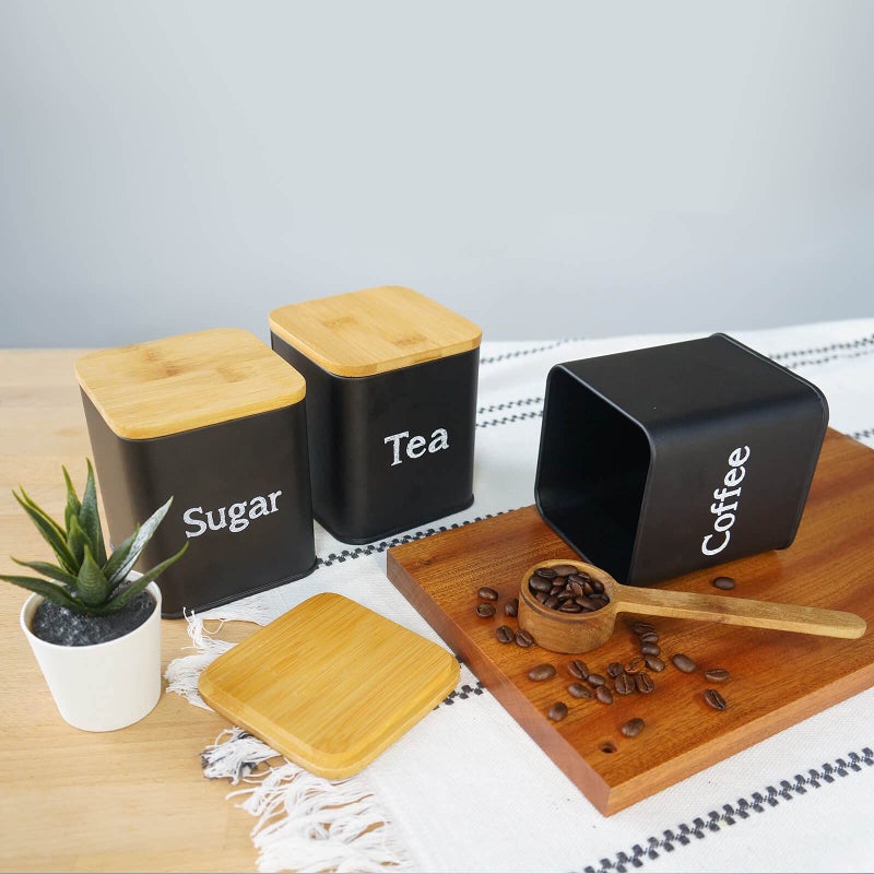 SOTECH 3 Pcs Kitchen Canister Set Coffee Sugar and Tea Storage Container Jars Metal with Bamboo Lid Square Black Snack Kitchen Food Storage Containers (Black jars) - Image 4